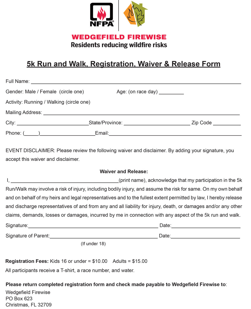 Wedgefield Firewise 5k Run and Walk Registration, Waiver & Release Form